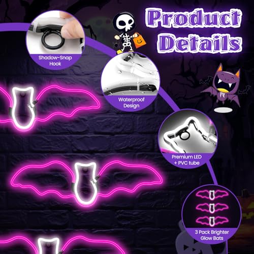 LED Neon Bat Lights Halloween Decor - 3 Pack Pink & White Hanging Bats, 20 Inches, Outdoor Waterproof