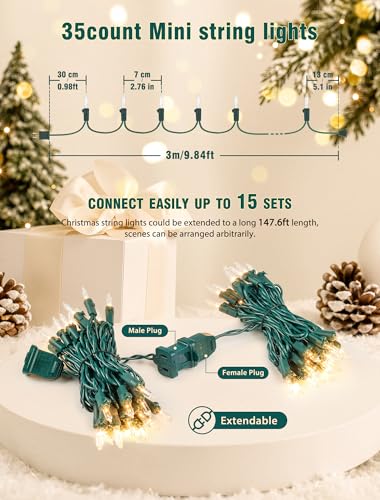 Warm White Christmas String Lights 35 LED Mini Lights with Green Wire, Connectable