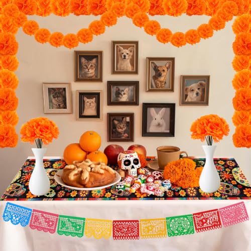 Day of the Dead Decorations Set with Sugar Skull Table Runner and Marigold Flowers