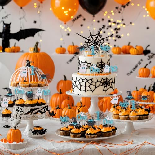 Halloween Spooky First Birthday Cupcake Toppers - Blue, Glitter, 48Pcs