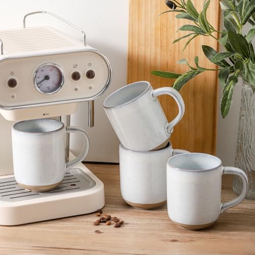 White Ceramic Coffee Mug Set of 4 - 14oz Large Handle Stoneware Tea Cups for Latte & Cappuccino