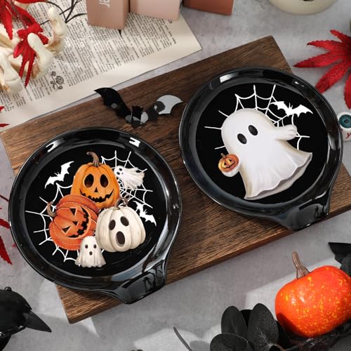 Halloween Ghost and Pumpkin Spoon Rest Set - Black White Orange Ceramic 2Pcs