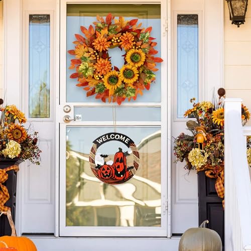 Autumn Sunflower Wreath 22 Inch Fall Door Decor - Orange