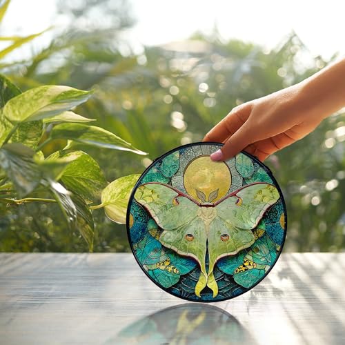 Green Luna Moth Suncatcher Stained Glass Window Hanging - Wall Art Decor, 7.9 Inch