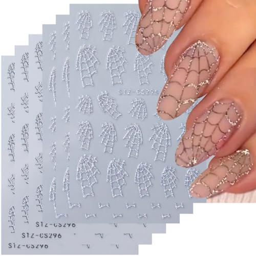 Halloween Nail Stickers Set - Spider Web Holographic Silver Glitter Self-Adhesive for Nails Q1