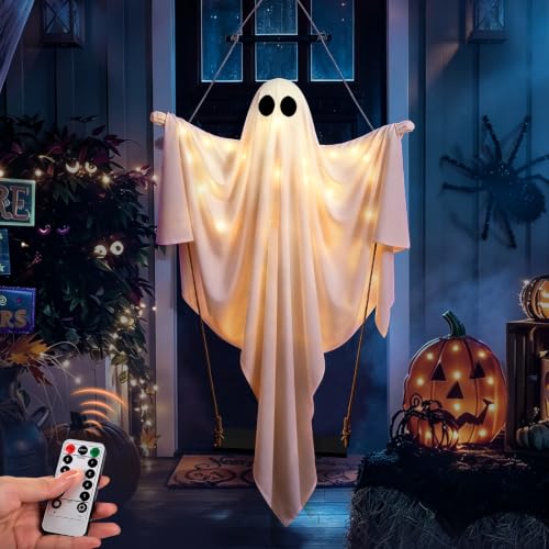 Outdoor Hanging Swinging Ghost Light Up Decoration - White and Black - 47in Halloween Ghost