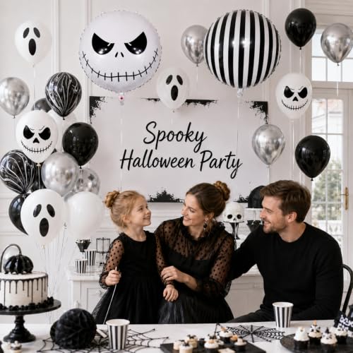 Halloween Balloons Set Black White Silver Skull Ghost 12 Inch 35pcs - Spooky Party Decorations