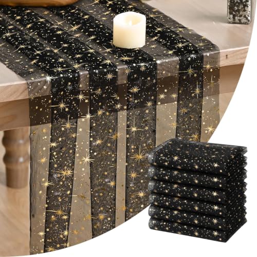 6PC Black Gold Stars Reversible Sheer Table Runner 28x120 Inch for Wedding Holiday Decor
