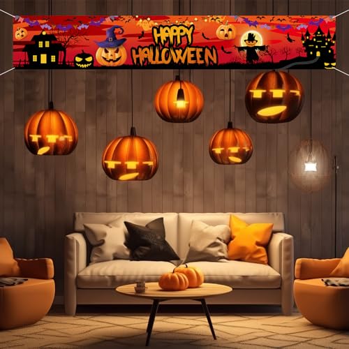 Large Halloween Banner Outdoor Decoration 118x20in Pumpkin Ghost Bat Backdrop