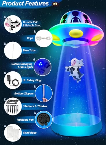 Tall Halloween Inflatable UFO Cow Abduction Decoration - 10 Ft with RGB Lights