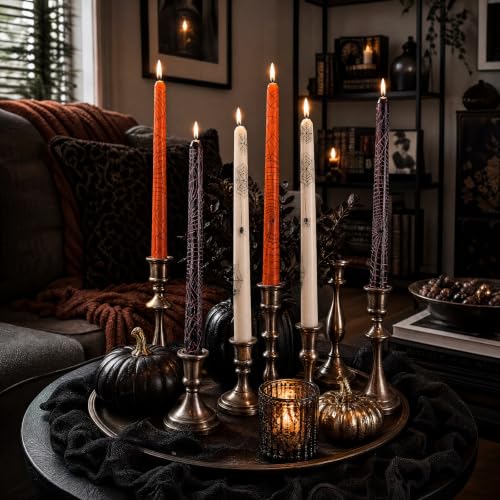 Halloween Spider Web Taper Candles Bulk Set - Spooky Decor, 10 Inch, 3 Colors
