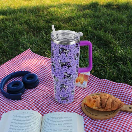 Purple Skull Cat Tumbler 40oz Insulated Travel Mug with Handle & Straw Gothic Gift