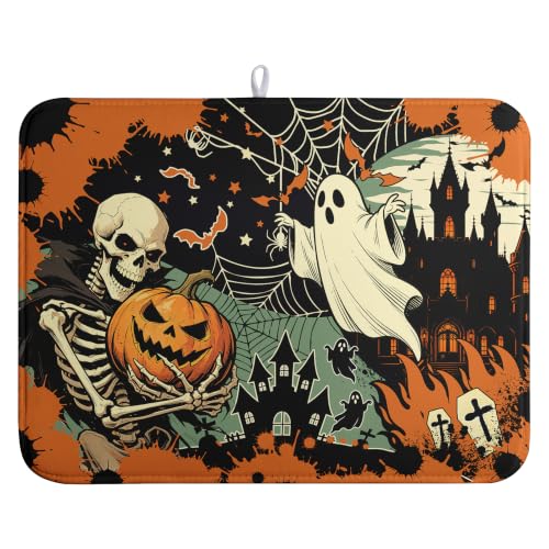 Halloween Ghost Skeleton Dish Drying Mat 18x24 Inch for Kitchen Counter - Spooky Fall Design