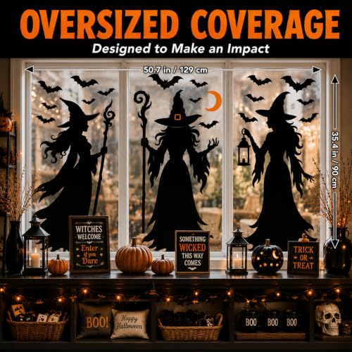 KRZKRZ Witch Bat Decals for Glass Halloween Window Clings - Large Set