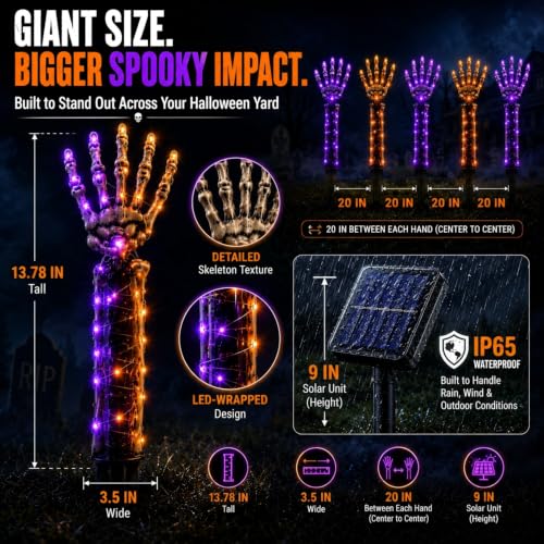 Solar Powered Halloween Skeleton Hand Pathway Lights - Purple & Orange 5 Pack Outdoor Yard Decor