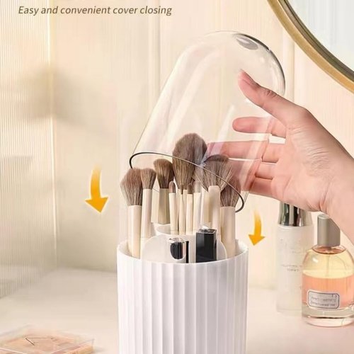 Ariettie Makeup Brush Holder Organizer with Lid, 360 Degree Rotatable Makeup Brush Organizer Spinning Cosmetics Holders Brush Storage Box Display for Bathroom Vanity Countertop, White