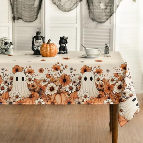 Halloween Ghost Flower Tablecloth 60 x 120 Inch Beige Rectangular Decor
