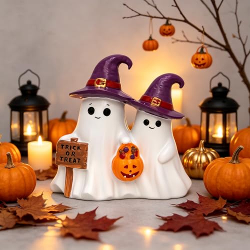 Purple Halloween Ghost Figurines Indoor Decorations - Cute & Non-Scary, Resin Craft, 5.7 Inch