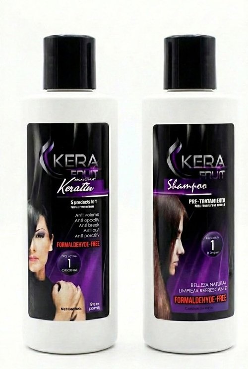 Kera Fruit Formaldehyde-Free Hair Keratin Treatment & Clarifying Shampoo Kit - 8oz (250ml) Smoothing System - Safe Frizz Control & Deep Hydration - Cirugia Capilar Sin Formol