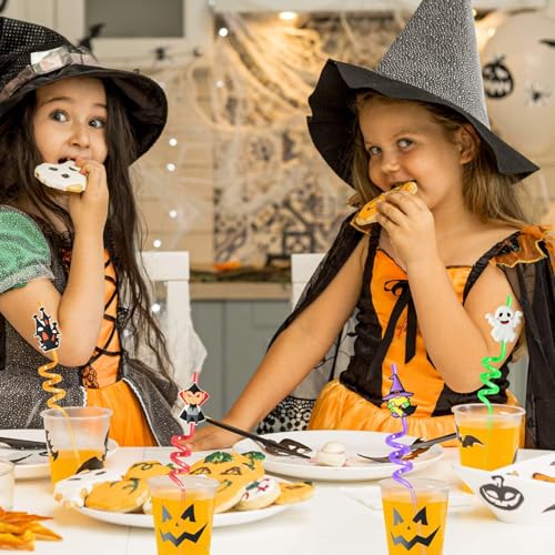 Halloween Reusable Drinking Straws Set - 24pcs Pumpkin Skull Ghost Vampire Designs