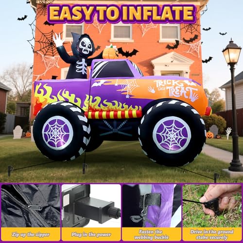 8FT Halloween Inflatable Monster Skeleton Truck with Built-in LEDs - Outdoor Decor - Halloween Truck Variation