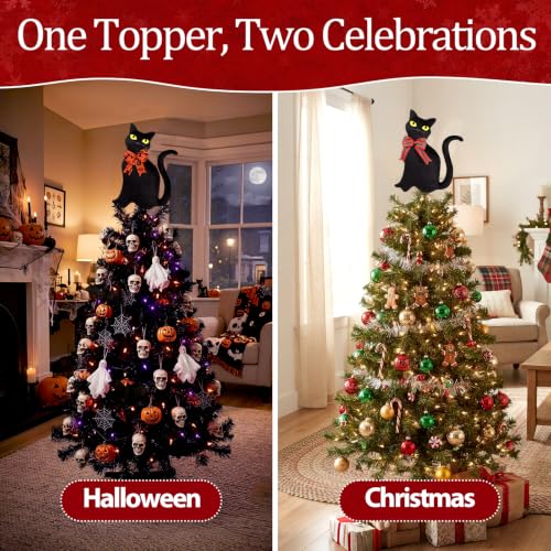 Halloween & Christmas Black Cat Tree Topper with Changeable Bows - 11.8 Inch Decor