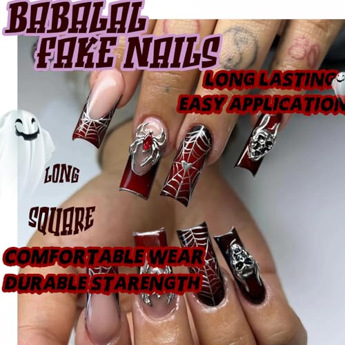 BABALAL Long Square Press-On Halloween Nails - Dark Black & Red Skull Charm (Variation FNEB013) - 24 Pieces