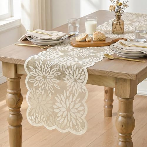 Artoid Mode Lace Jacquard Dahlia Table Runner 13x72 Inch Beige