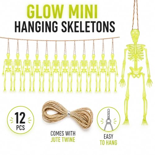 Glow in The Dark Mini Skeleton Decorations Set - 12 Pack, 6 Inch Halloween Hanging Figures with Twine