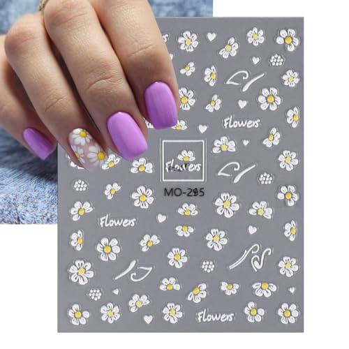 5D Flower Nail Art Stickers - White Daisy & Bee Embossed Decals, 3pcs - Variation 5D Flower 4