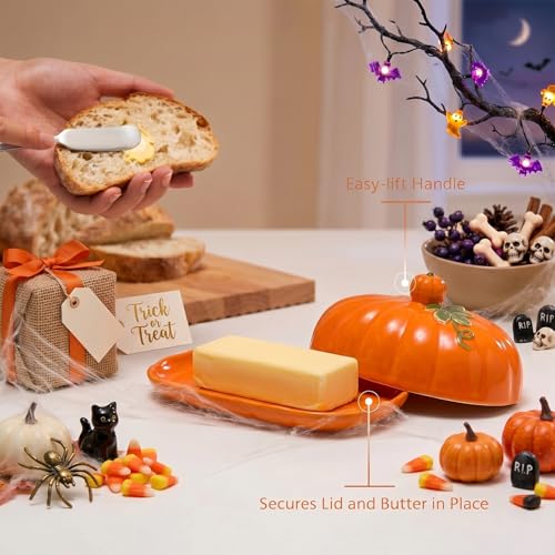 Orange Pumpkin-Shaped Ceramic Butter Dish with Lid - Dust-Proof Food Storage for Halloween & Thanksgiving