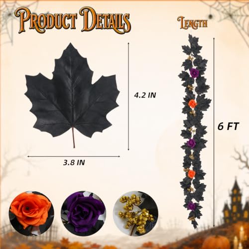 Halloween Garland 2 Pack - Purple Orange Roses with Gold Berries & Black Vines