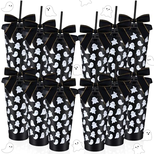Halloween Ghost Cups Set with Straws & Lids - Black 24 oz, 12 Pack