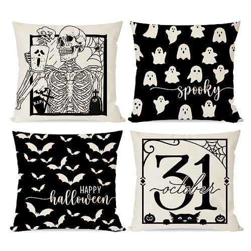 Halloween Throw Pillow Covers 18x18 Set of 4 Black Skeleton Bats Ghost Fall Decor