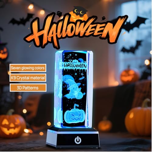 Halloween 3D Crystal Night Light Pumpkin Ghost Skull LED Lamp with Colorful Base - Gift Box Included