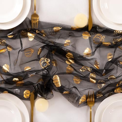 MLMC Fall Pumpkin Table Runner Black Sheer Gauze Foil 6PC - Elegant Holiday Decor