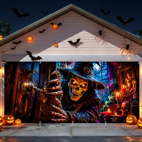 Gothic Halloween Garage Door Banner 7x16ft - Spooky Skeleton Wizard Outdoor Decoration - Halloween House Front Tapestry - Variation 263