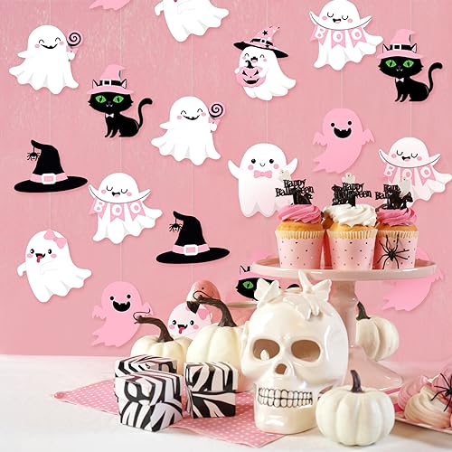 Halloween Pink Baby Ghost Paper Garland - Boo & Pumpkin Decor, Ghost Variation