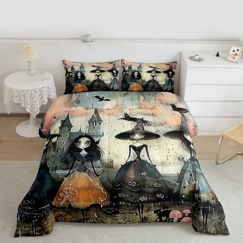 Gothic Witch Comforter Set Black & Grey Full Size Bedding with Spooky Design - Enchantress Halloween Decor