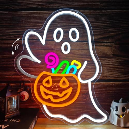 Waving Ghost Halloween Neon Sign - Candy Basket Halloween Decor - Dimmable LED Night Light