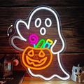 Waving Ghost Halloween Neon Sign - Candy Basket Halloween Decor - Dimmable LED Night Light