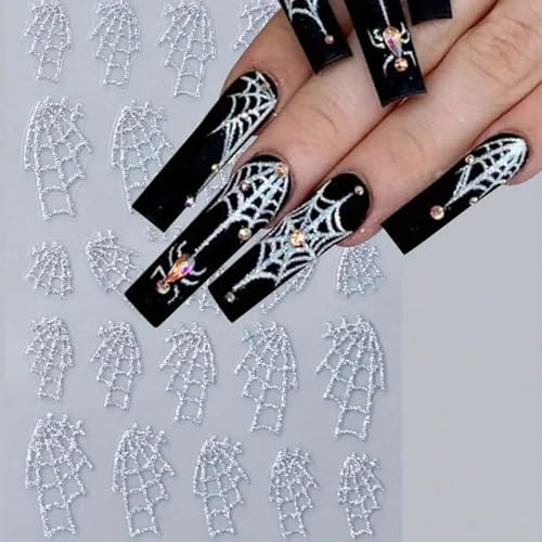Halloween Nail Stickers Set - Spider Web Holographic Silver Glitter Self-Adhesive for Nails Q1