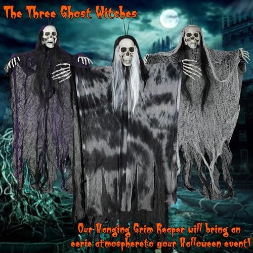 Large Hanging Halloween Skeleton Ghost Decorations Set – 3 Pack Outdoor Yard Decor