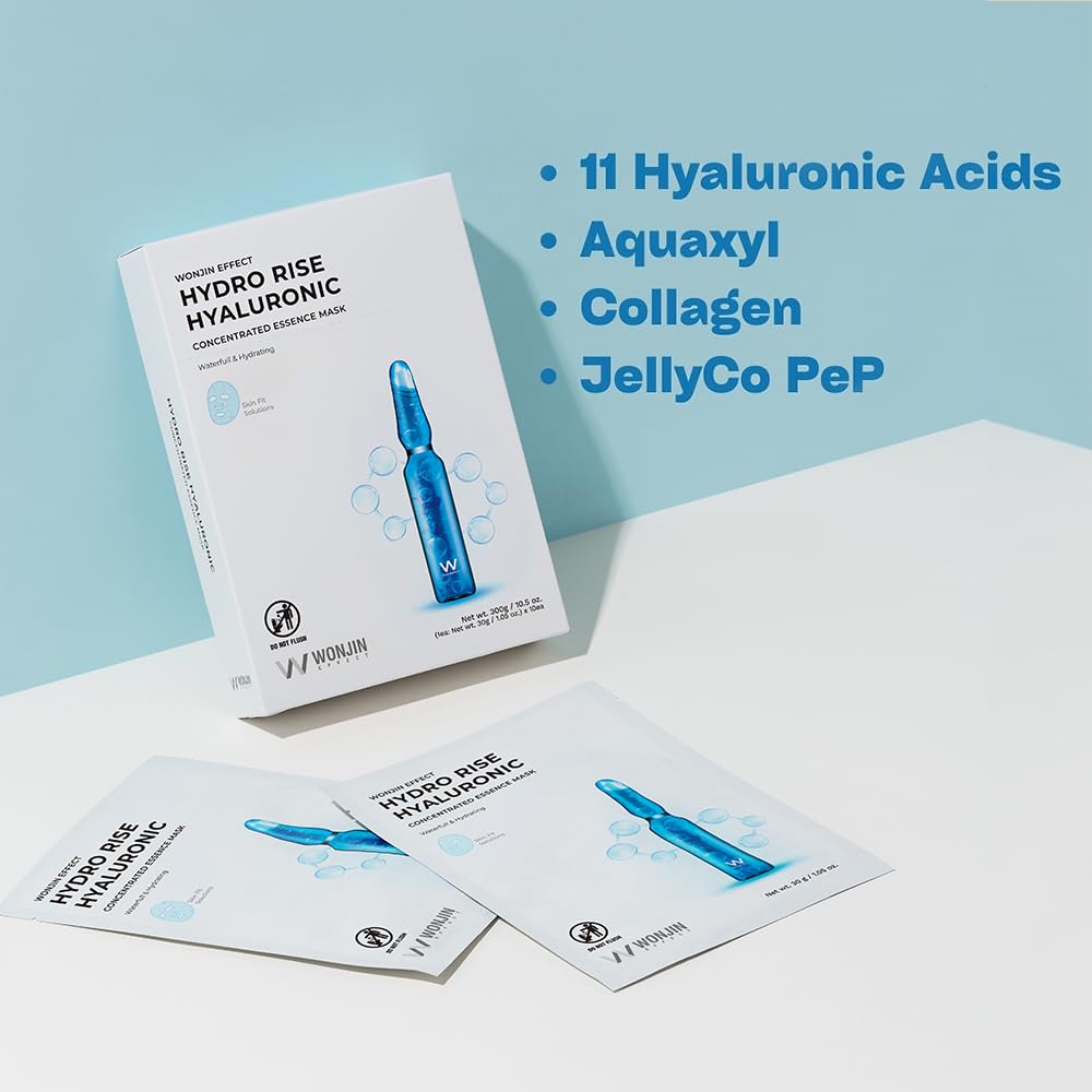 Wonjin Effect HYDRO RISE HYALURONIC MASK 1.05 fl Oz*10 pieces, Hydrating, Moisturizing, Skin Elasticity, Wrinkle Care, Hyaluronic Acid, Aquaxyl, Skin Barrier, Mask Sheet