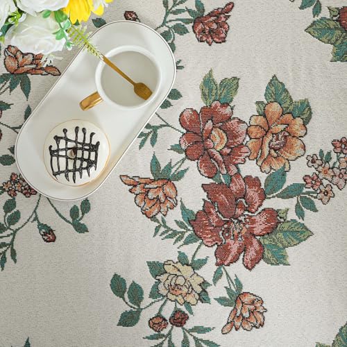 Dimatic Cotton Linen Rectangular Tablecloth with Botanical Elements - Red 55 x 94 Inches (Flower Variation)
