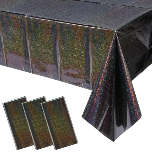 Black Iridescent Plastic Tablecloths 3 Pack - 54x108 Inch Rectangular Disco Party Cover