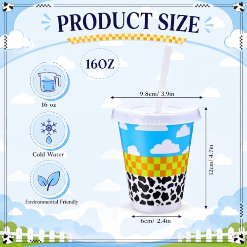 Cartoon Story 24 Pcs Party Cups with Lids & Straws - 16 oz Reusable Plastic for Birthday & Celebration - Blue & White Clouds