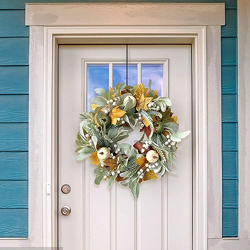 Fall Wreath Full Handcrafted Autumn Front Door Wreath with Pumpkins Maple Leaves Berries Green Leaf - Fall Decor
