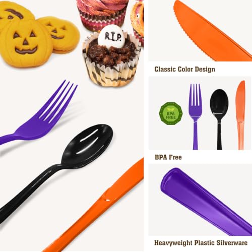 Halloween Plastic Spoons Set - Black, Orange & Purple Disposable Cutlery - 60 Pcs