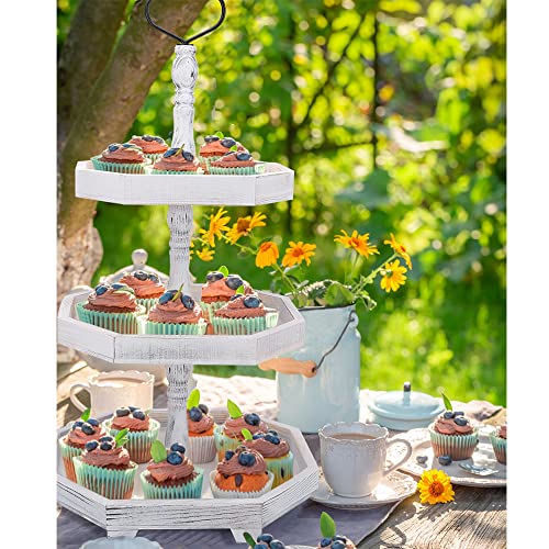 Distressed White 3-Tier Farmhouse Wooden Serving Tray Stand - Cupcake & Home Display